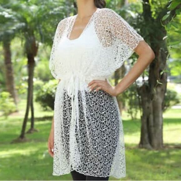 Jovie White Micro Lace Kimono Swimsuit Cover up with Drawstring Waist - Picture 9 of 9